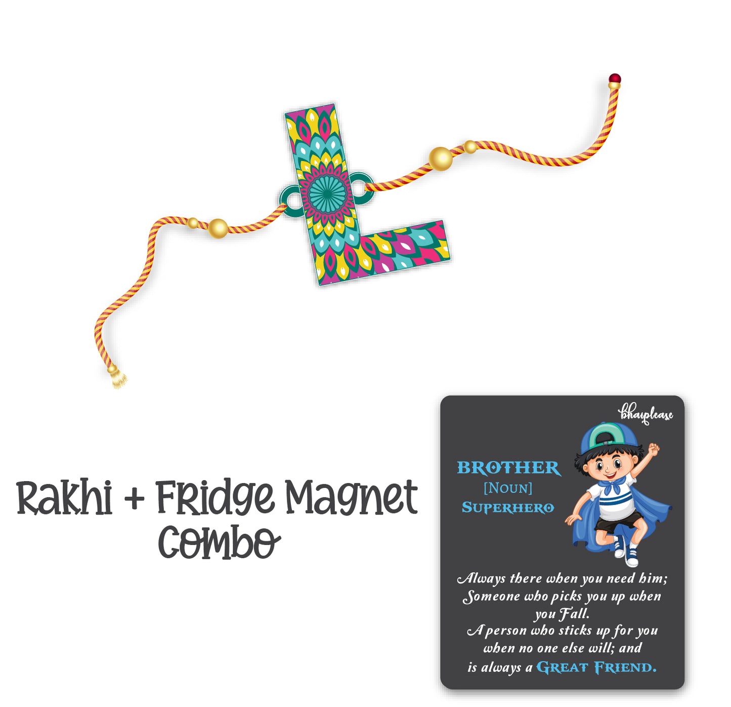 Alphabet L Wooden Rakhi With Super Brother Fridge Magnet