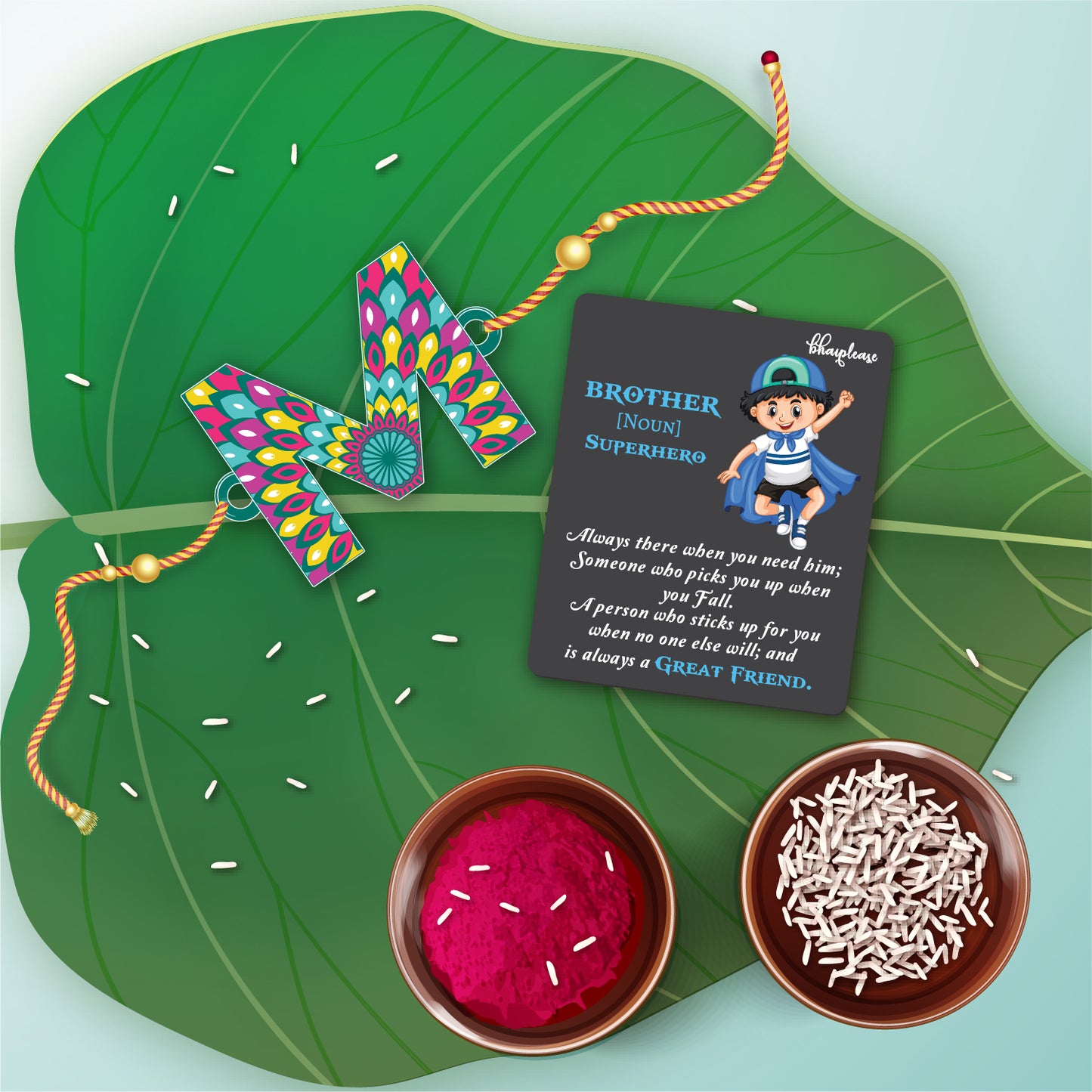 Alphabet M Wooden Rakhi With Super Brother Fridge Magnet