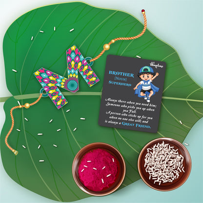 Alphabet M Wooden Rakhi With Super Brother Fridge Magnet
