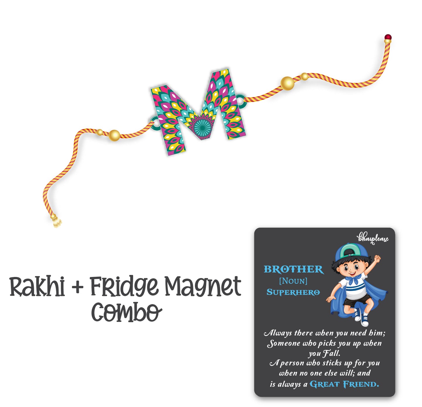 Alphabet M Wooden Rakhi With Super Brother Fridge Magnet