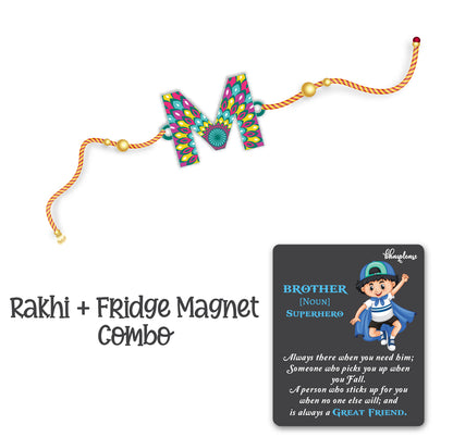 Alphabet M Wooden Rakhi With Super Brother Fridge Magnet