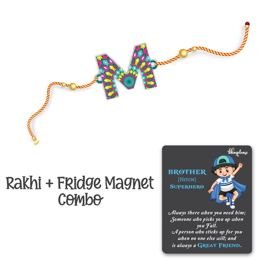 Alphabet M Wooden Rakhi With Super Brother Fridge Magnet