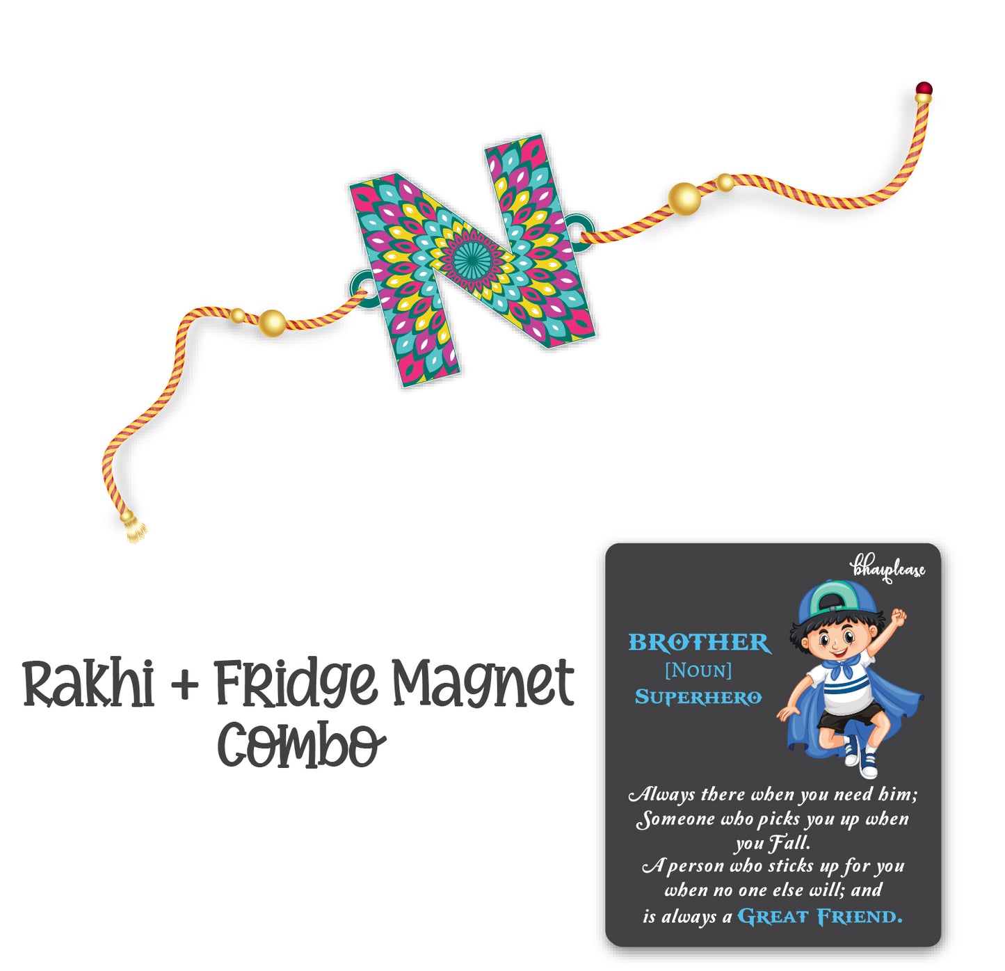 Alphabet N Wooden Rakhi With Super Brother Fridge Magnet