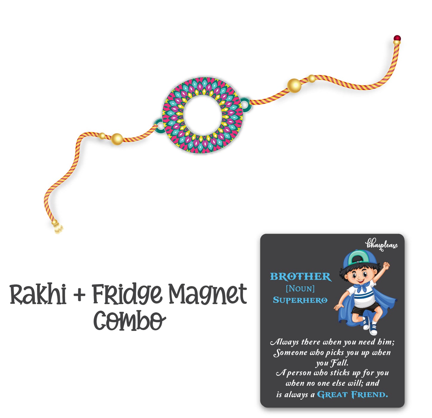 Alphabet O Wooden Rakhi With Super Brother Fridge Magnet
