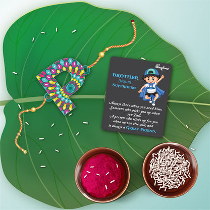 Alphabet P Wooden Rakhi With Super Brother Fridge Magnet
