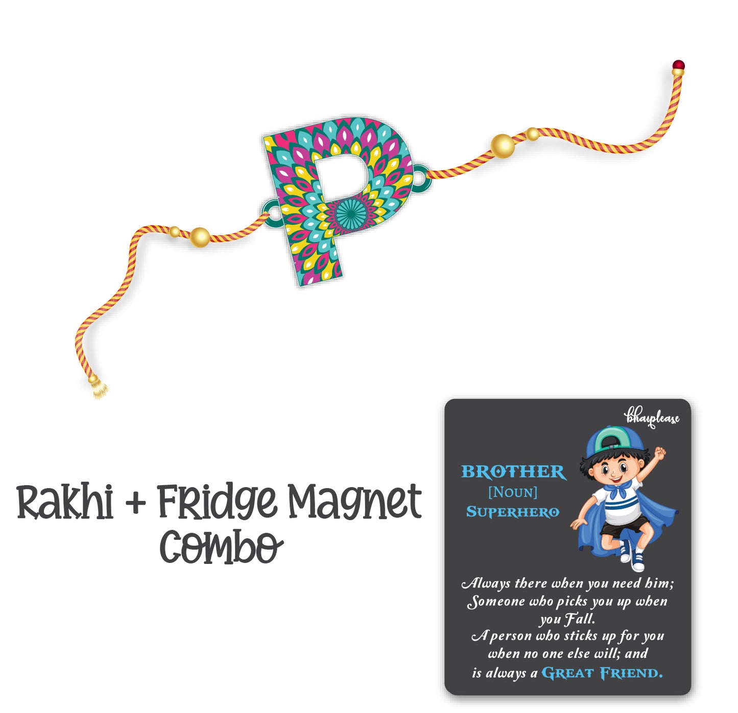 Alphabet P Wooden Rakhi With Super Brother Fridge Magnet