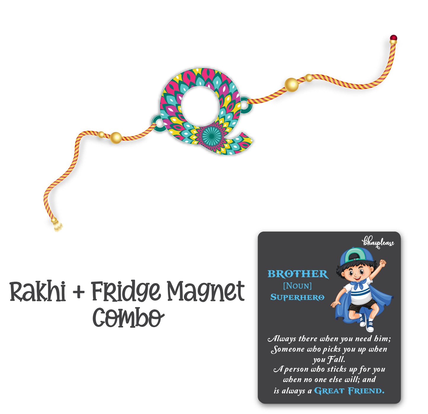 Alphabet Q Wooden Rakhi With Super Brother Fridge Magnet