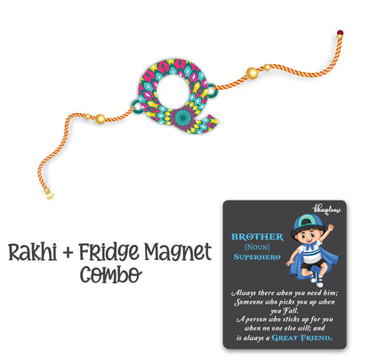 Alphabet Q Wooden Rakhi With Super Brother Fridge Magnet