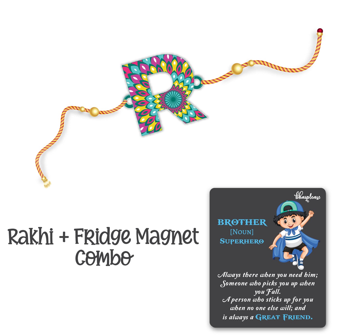 Alphabet R Wooden Rakhi With Super Brother Fridge Magnet