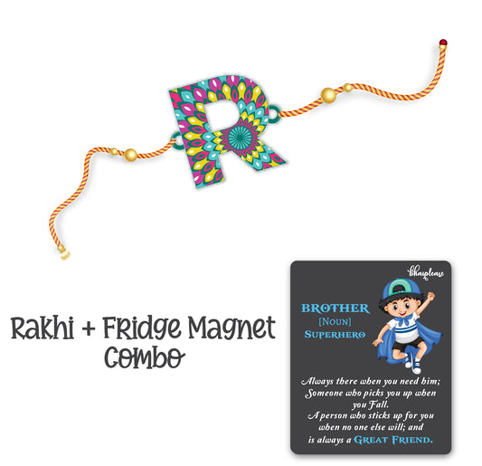 Alphabet R Wooden Rakhi With Super Brother Fridge Magnet
