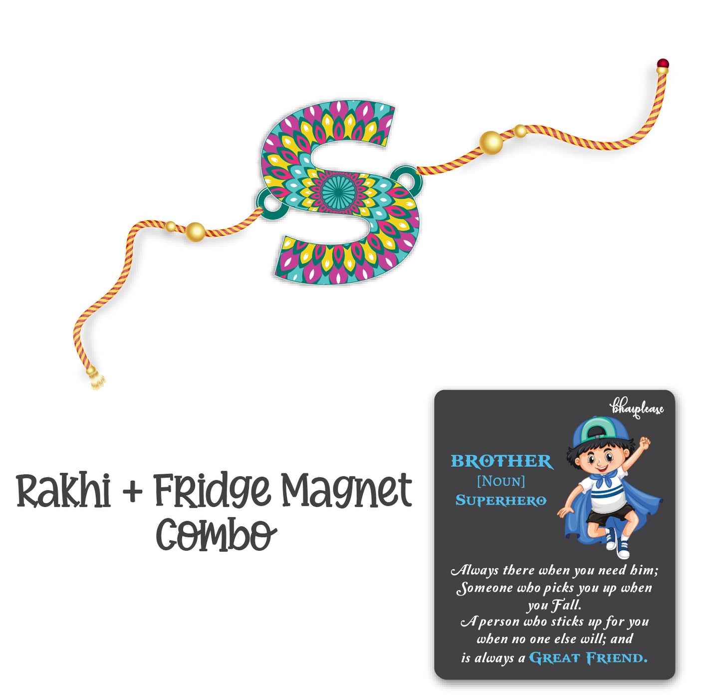 Alphabet S Wooden Rakhi With Super Brother Fridge Magnet