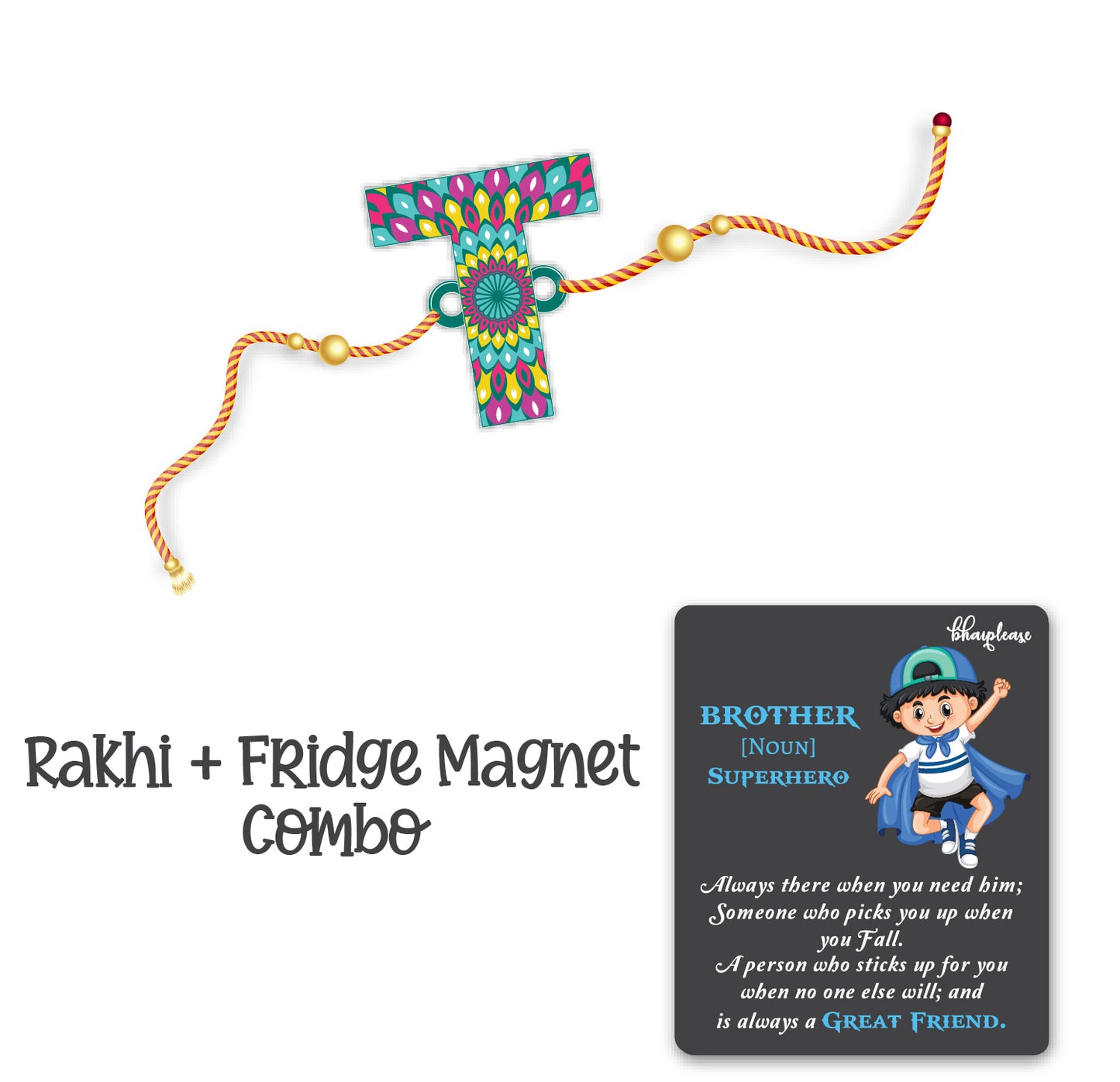Alphabet T Wooden Rakhi With Super Brother Fridge Magnet