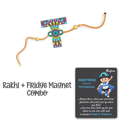Alphabet T Wooden Rakhi With Super Brother Fridge Magnet