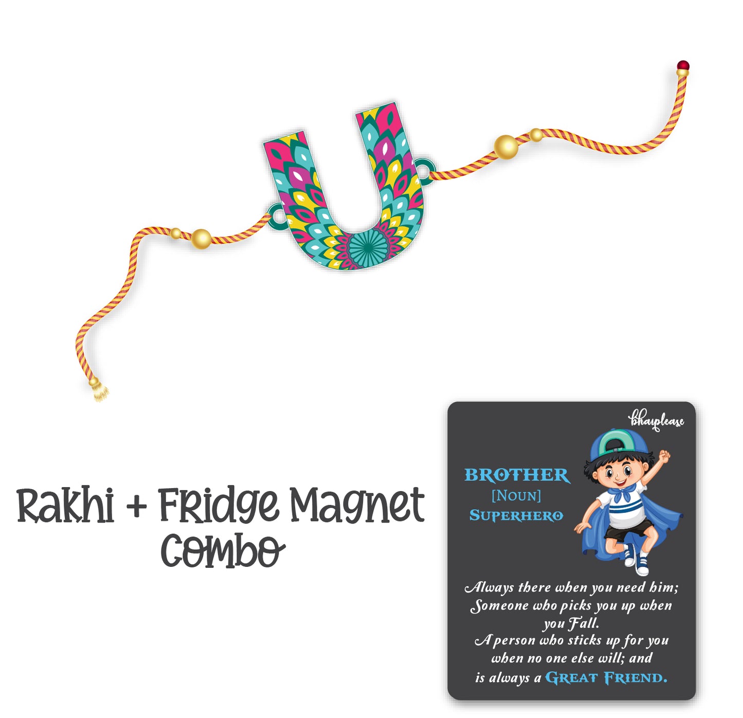 Alphabet U Wooden Rakhi With Super Brother Fridge Magnet