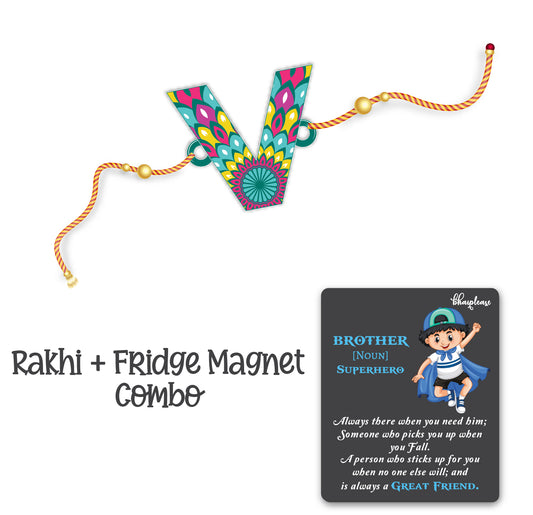 Alphabet V Wooden Rakhi With Super Brother Fridge Magnet