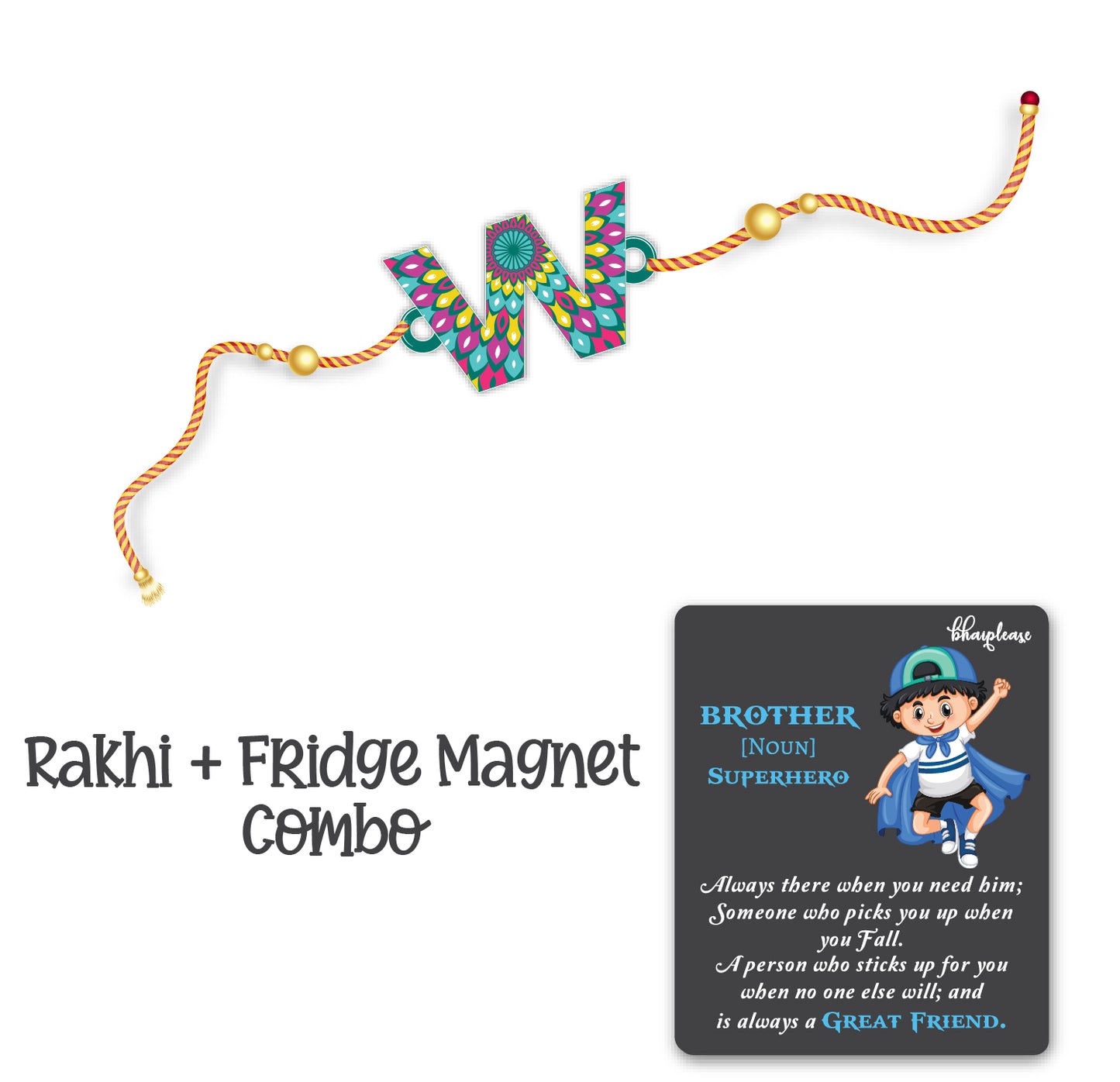 Alphabet W Wooden Rakhi With Super Brother Fridge Magnet