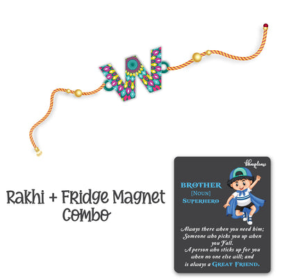 Alphabet W Wooden Rakhi With Super Brother Fridge Magnet