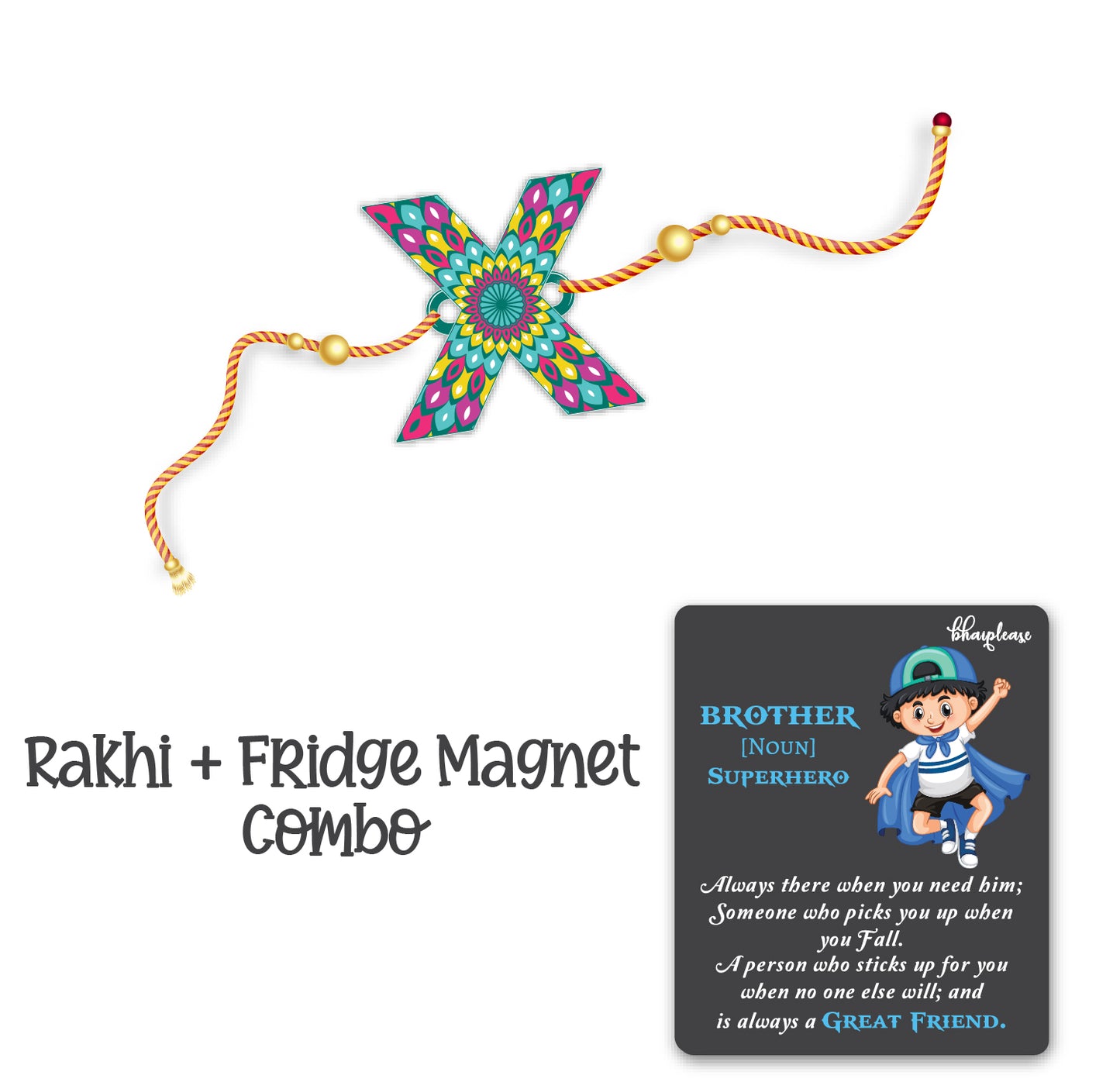 Alphabet X Wooden Rakhi With Super Brother Fridge Magnet