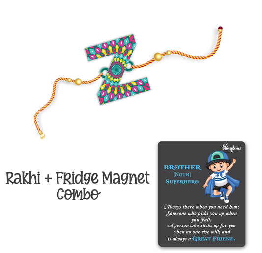 Alphabet Z Wooden Rakhi With Super Brother Fridge Magnet