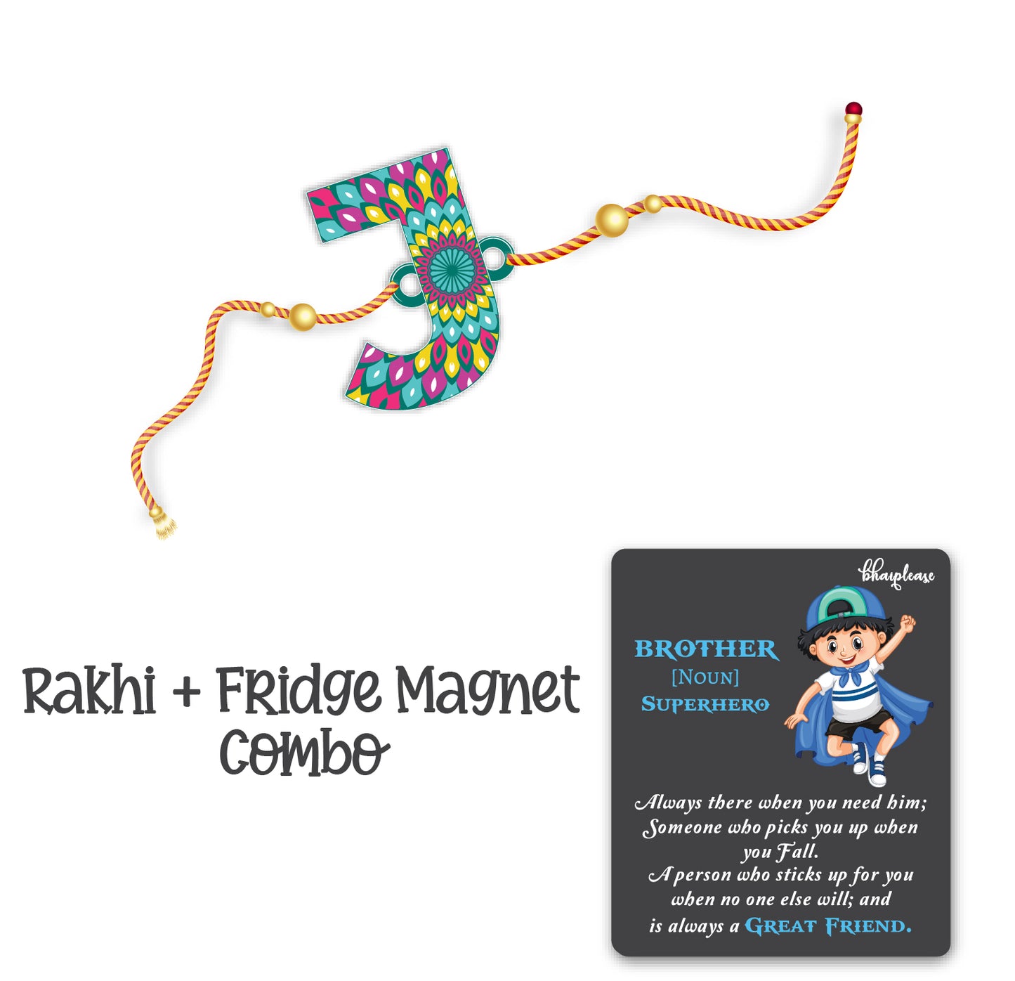 Alphabet J Wooden Rakhi With Super Brother Fridge Magnet