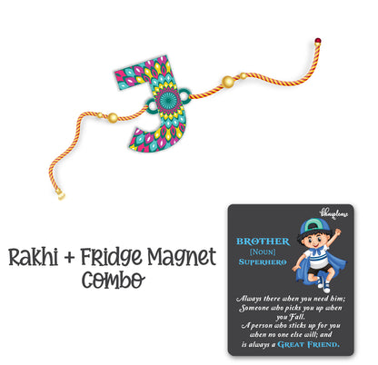 Alphabet J Wooden Rakhi With Super Brother Fridge Magnet