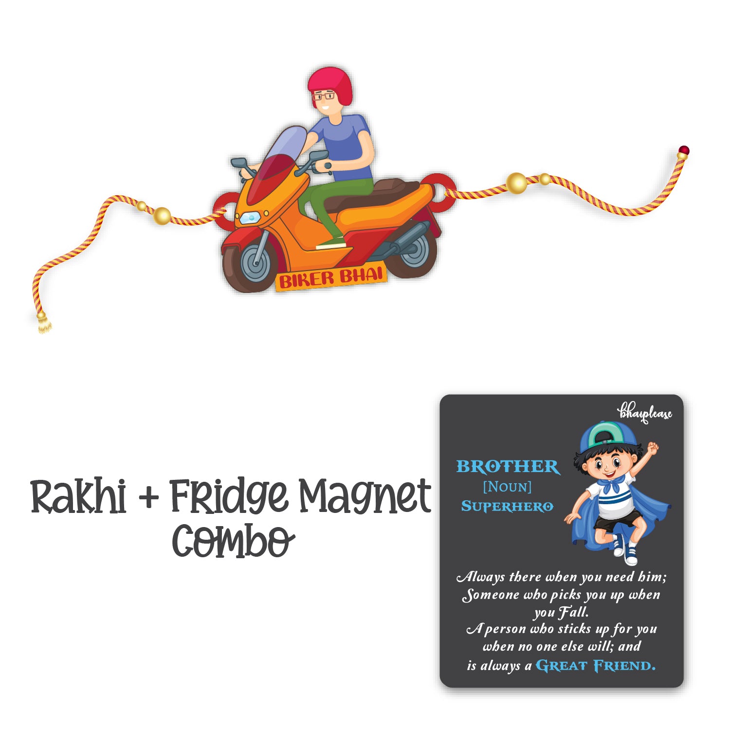 Biker Bhai Wooden Rakhi With Brother Is Superhero Fridge Magnet – Travel Theme Rakhi | Bhai Please
