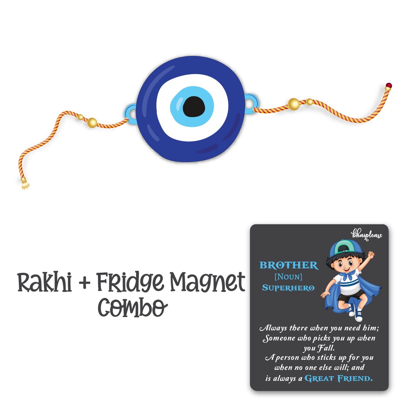 Evileye Wooden Rakhi With Brother Is Superhero Fridge Magnet – God/Spiritual Theme Rakhi | Bhai Please