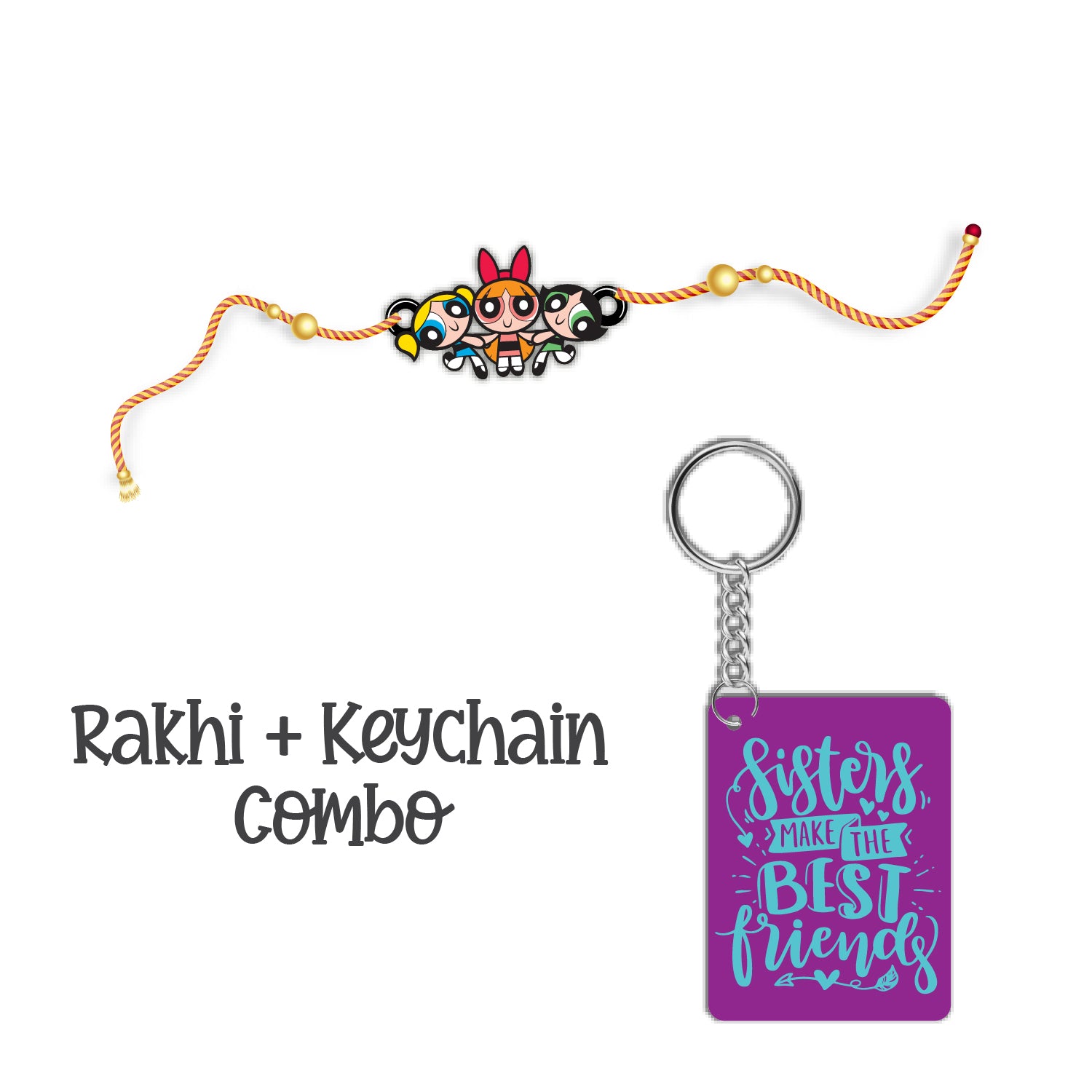 Powerpuff Girls Wooden Rakhi With Keychain – Cartoon Theme Rakhi | Bhai Please
