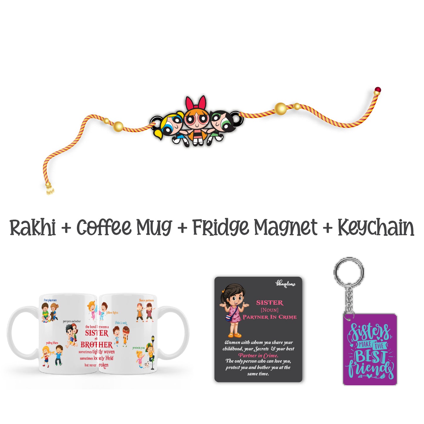 Powerpuff Girls Wooden Rakhi With Mega Combo – Cartoon Theme Rakhi | Bhai Please