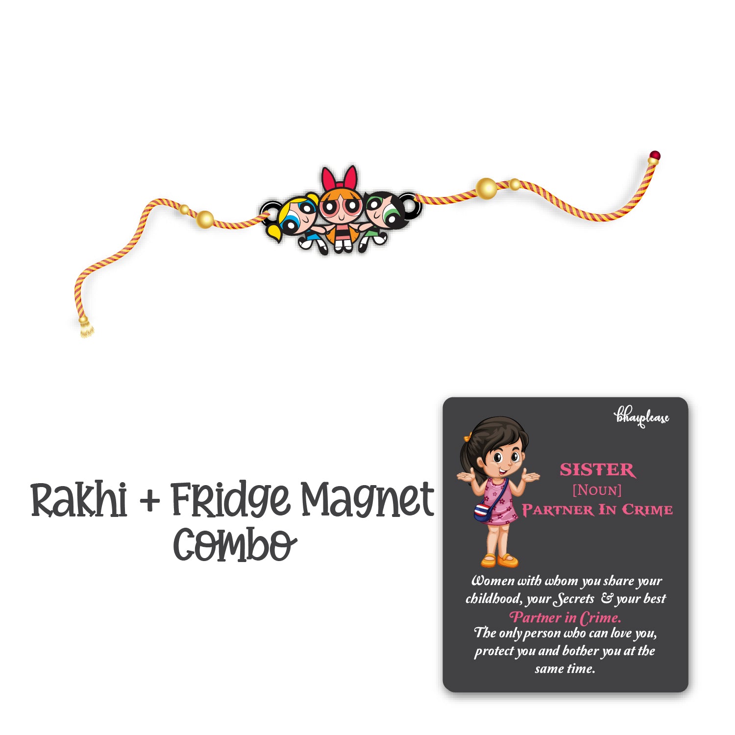 Powerpuff Girls  Wooden Rakhi With Magnet – Cartoon Theme Rakhi | Bhai Please
