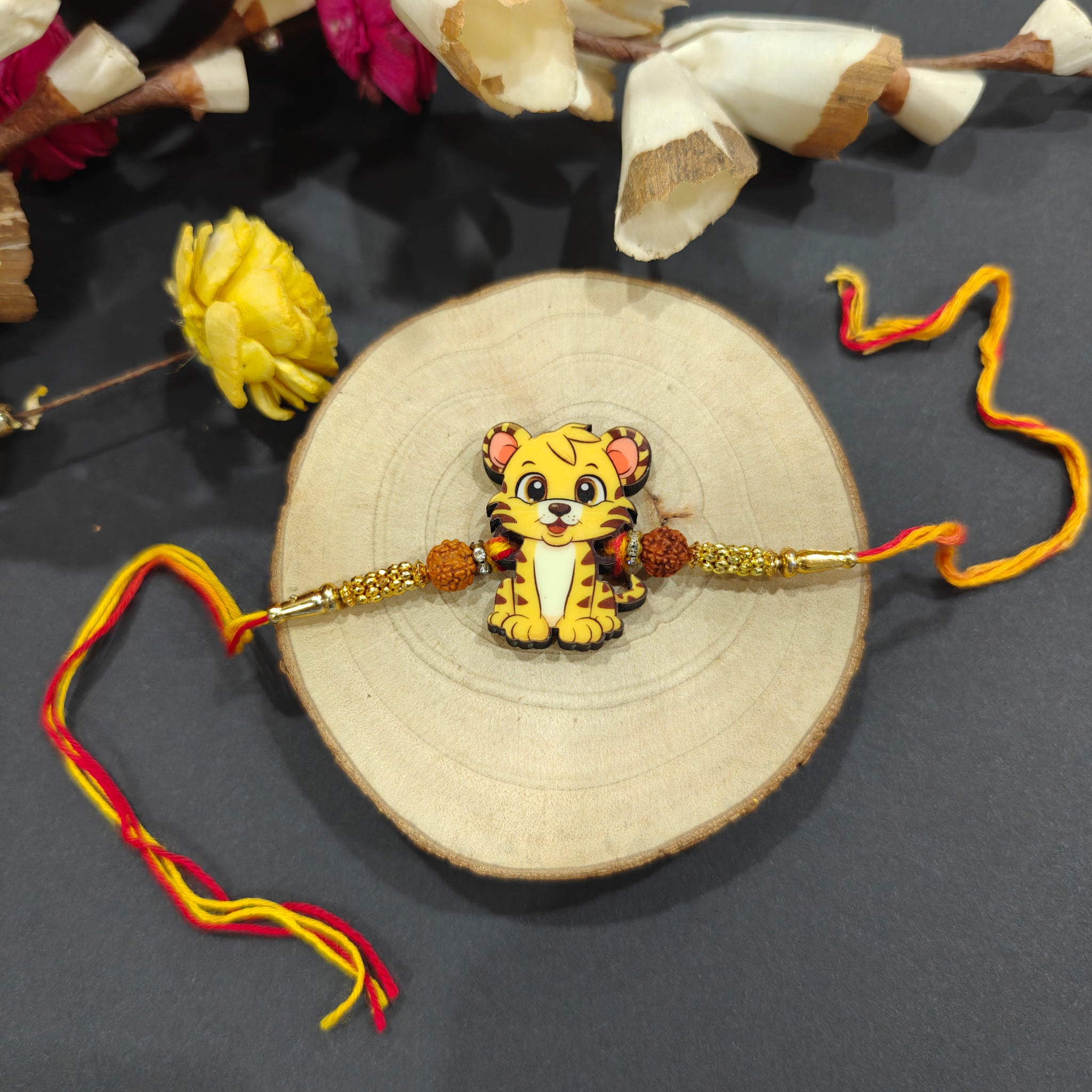 Tiger Wooden Rakhi for kids – animal-themed Rakhi design