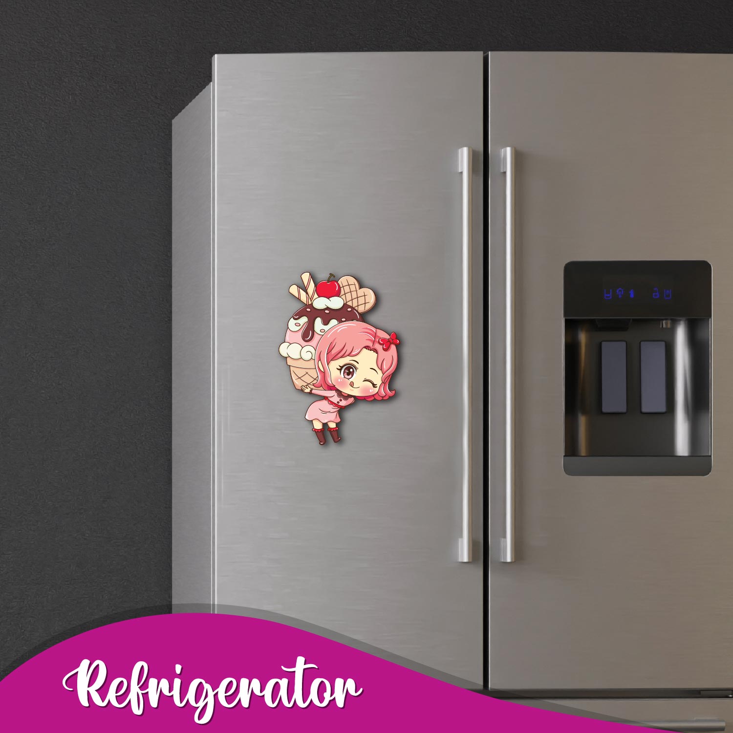 Fridge magnet of a baker presenting a cake