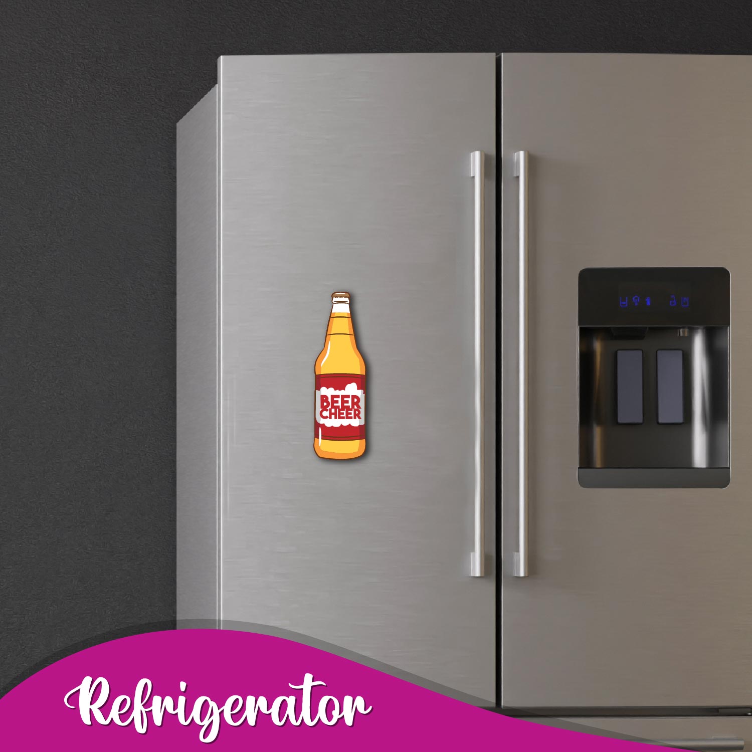 A fun, decorative magnet in the shape of a beer bottle, perfect for home bar decor.