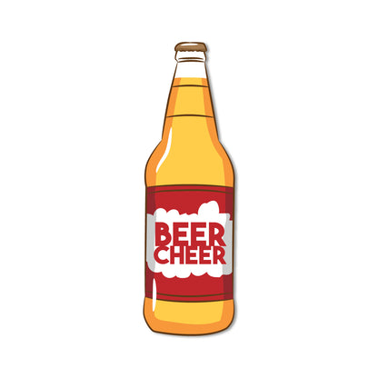 Detailed view of a novelty beer bottle magnet on a fridge door.