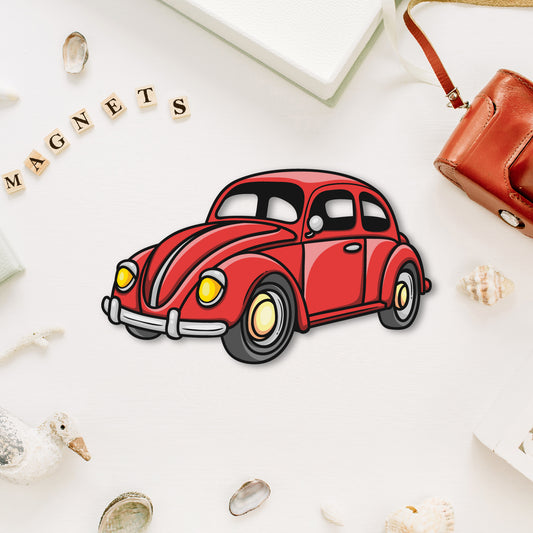 Vintage Beetle car fridge magnet on a solid background.