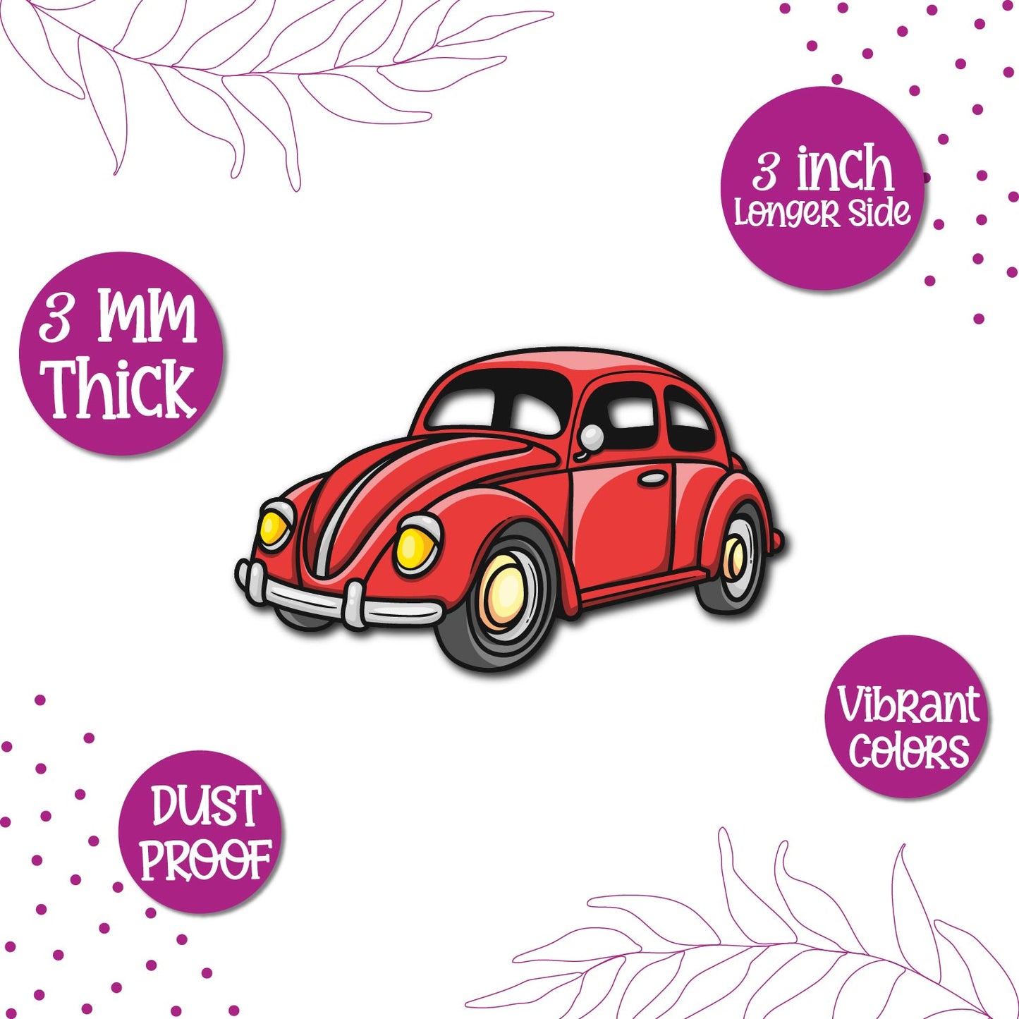 A collection of car-themed magnets including the Beetle.