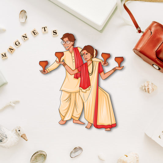 Premium wooden bengali couple fridge magnet handmade in India