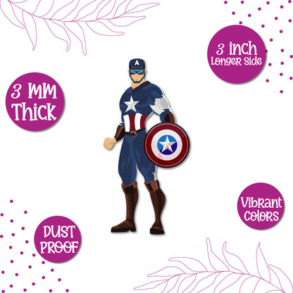 A Captain America superhero figure on a fridge magnet.