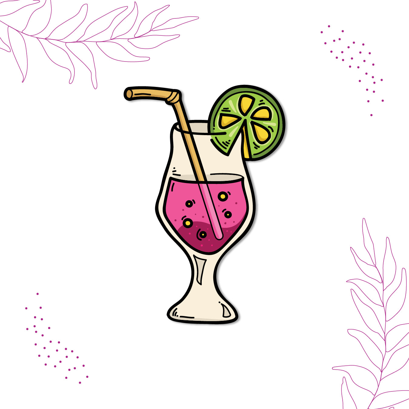 Close-up of a colorful cocktail magnet on a refrigerator.