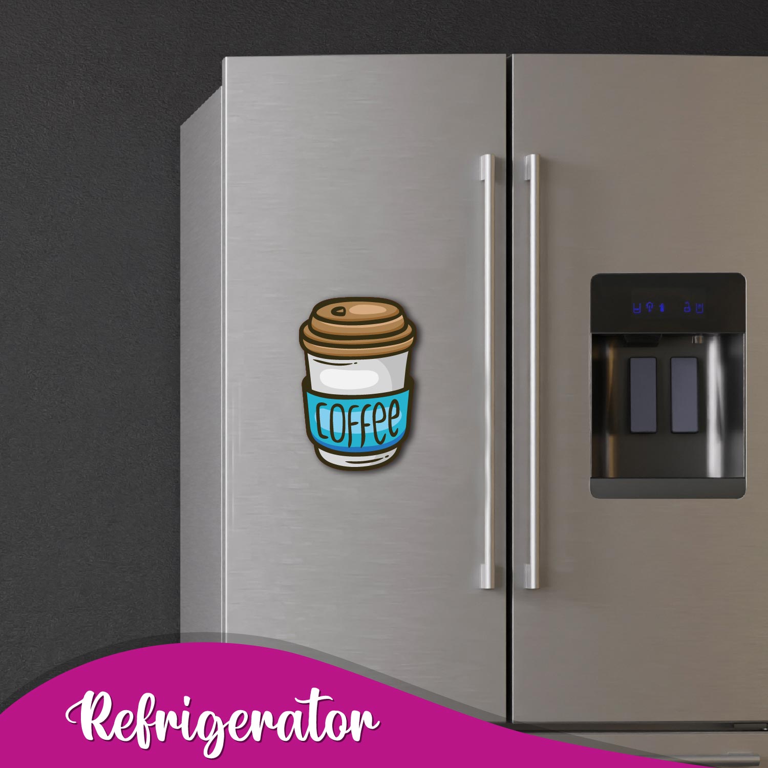A unique fridge magnet in the shape of a vintage coffee container.
