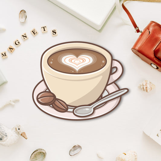 A whimsical fridge magnet with a "Coffee Love" text design and a heart.