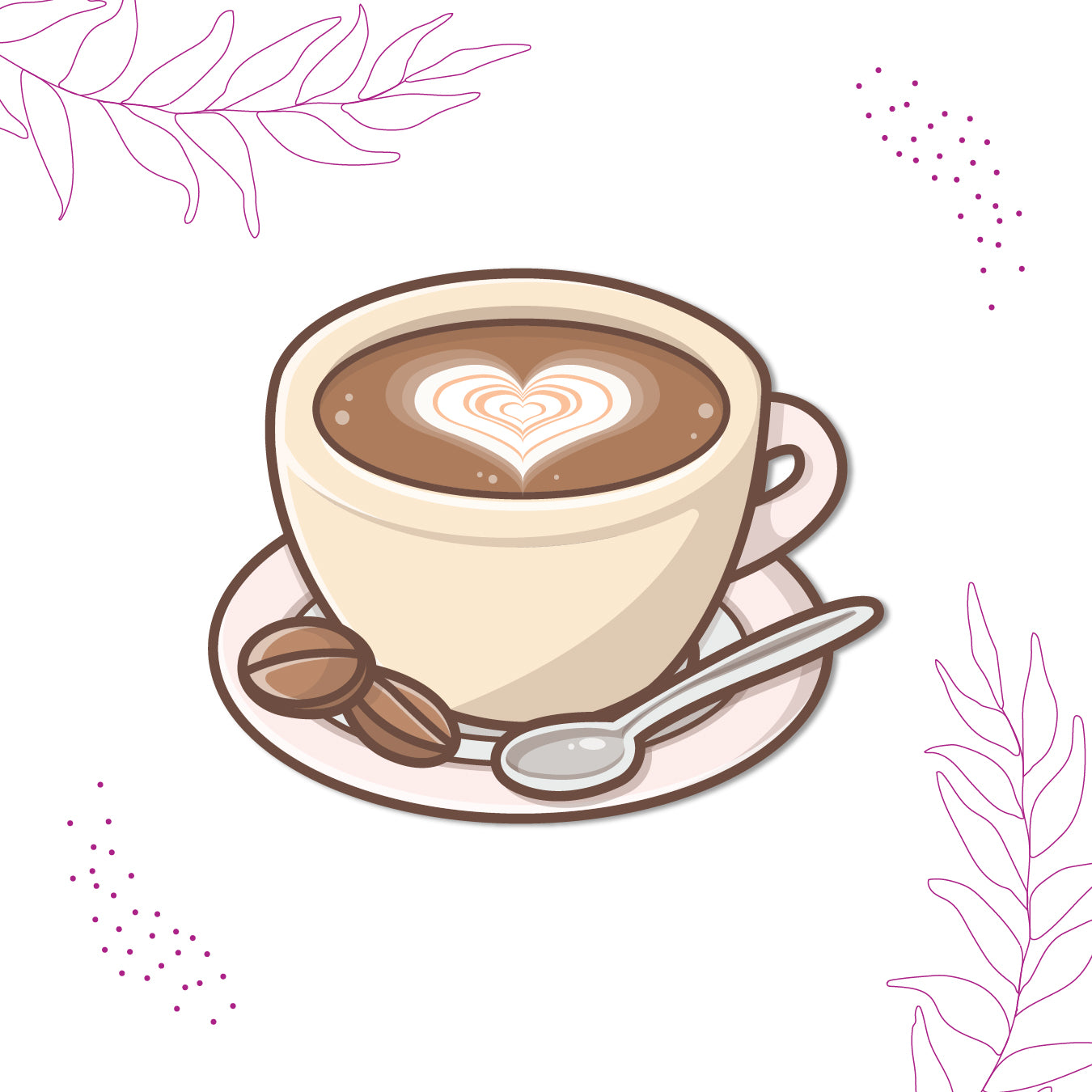 Close-up of a text-based coffee magnet with a heart.