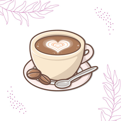Close-up of a text-based coffee magnet with a heart.