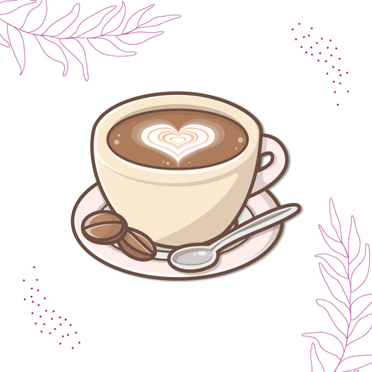 Close-up of a text-based coffee magnet with a heart.