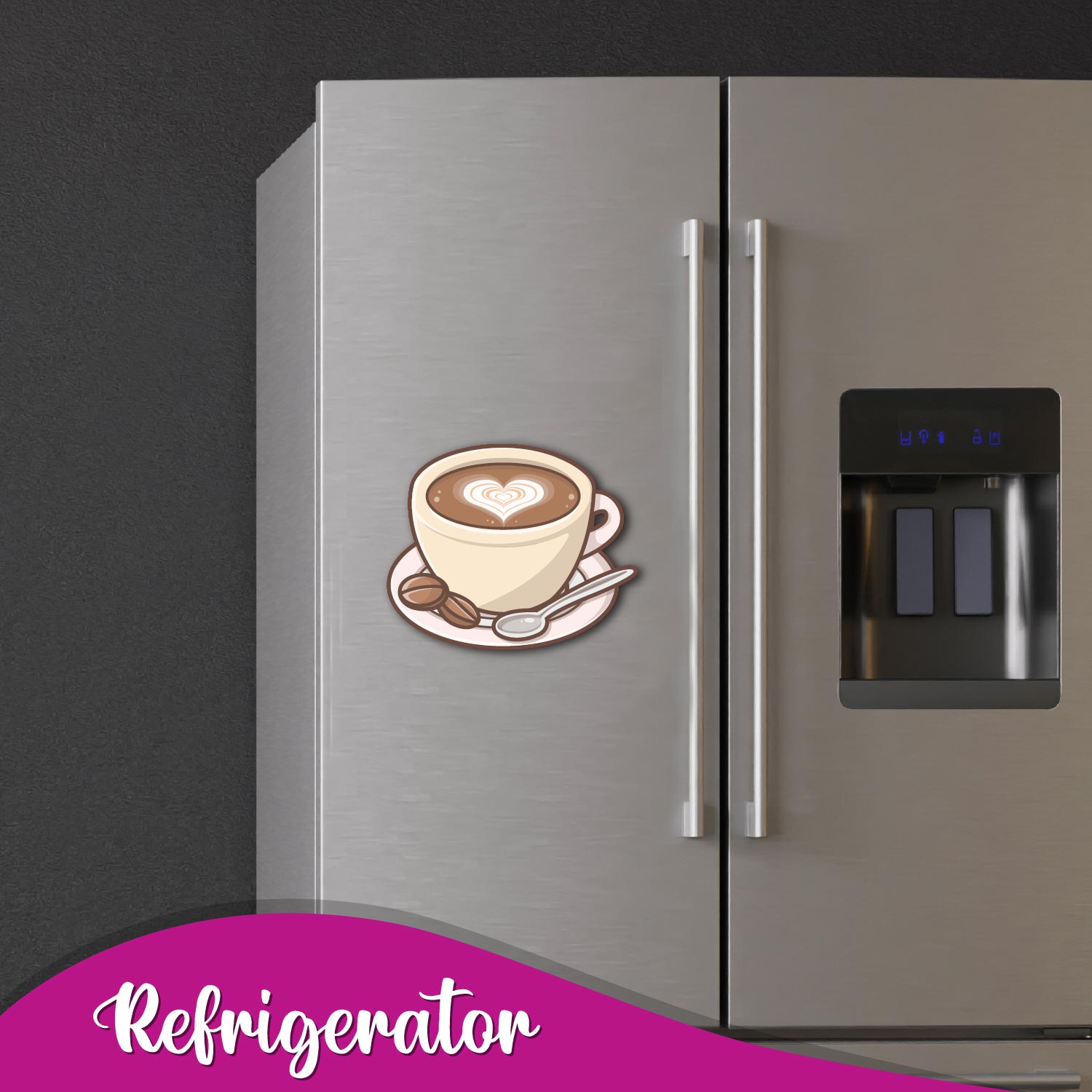 A decorative magnet expressing "Coffee Love" in a creative font.