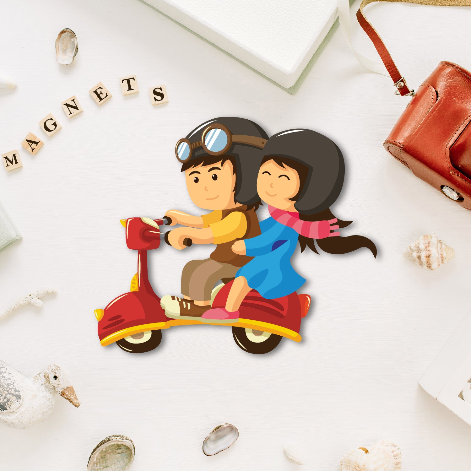 Premium wooden couple scooter fridge magnet handmade in India