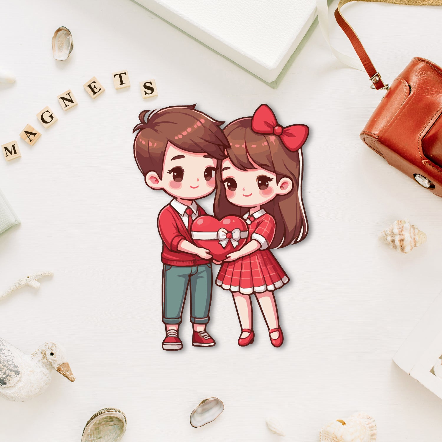 Premium wooden couple with heart fridge magnet handmade in India