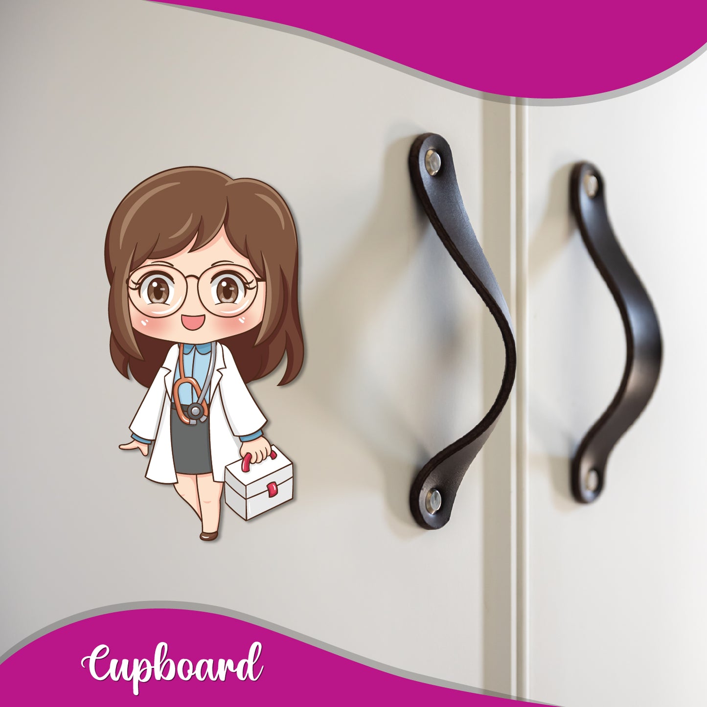 Fridge magnet of a woman in a lab coat