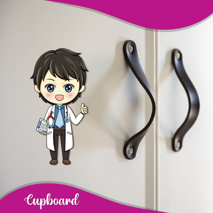 Fridge magnet of a man in a lab coat