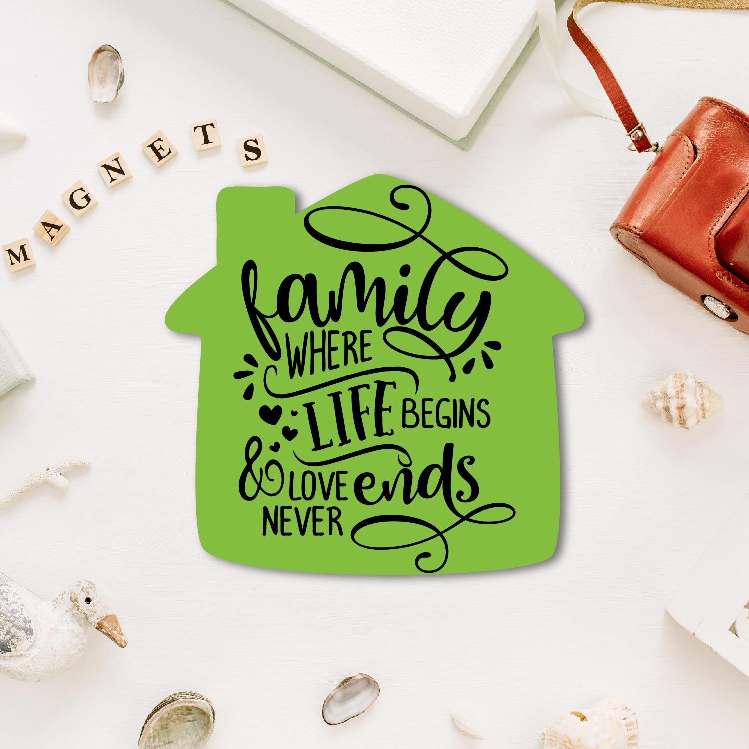 "Family where love begins" quote fridge magnet.